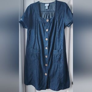 Vicki Blue Short Sleeve Denim Jean Shift Dress Button Front Pockets Teacher PXL
